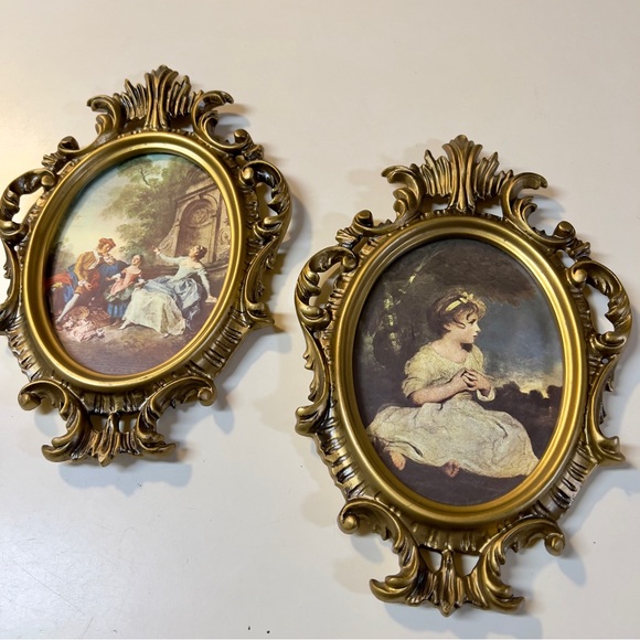 Vintage Victorian Lot 2pcs Bakalite Gilt Oval Ornate Pictures Frame Wall Decor - Picture 11 of 11